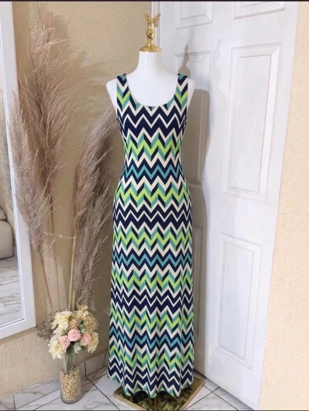 Jessica Howard Maxi Dress Small S Chevron Geometric Sleeveless Blue Green